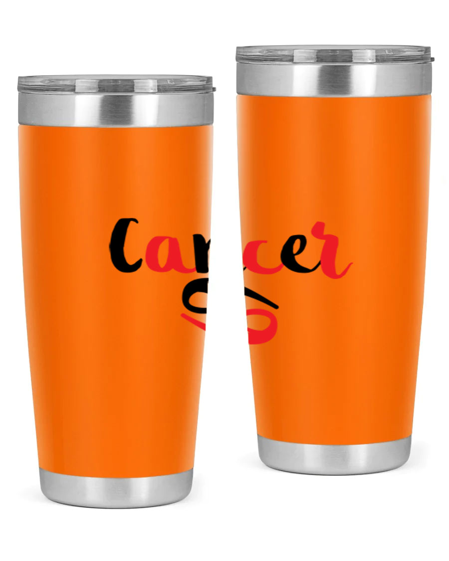 Cancer 152# Tumbler in stainless steel with a vibrant zodiac design, showcasing its double wall vacuum insulation and drink-thru lid.