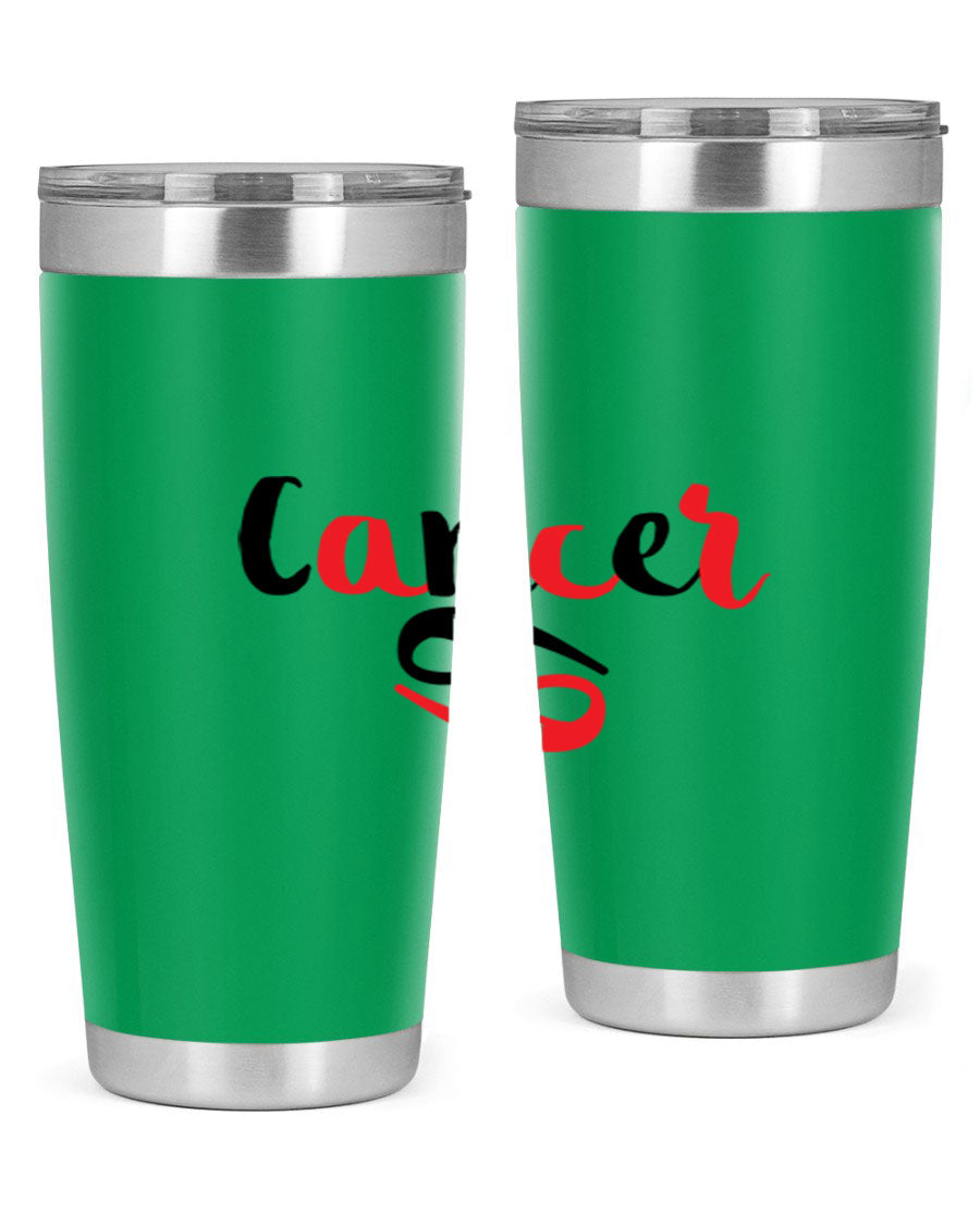 Cancer 152# Tumbler in stainless steel with a vibrant zodiac design, showcasing its double wall vacuum insulation and drink-thru lid.