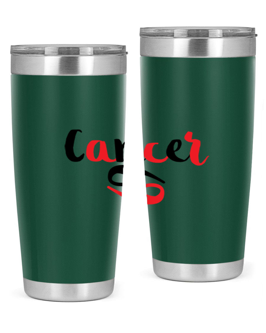 Cancer 152# Tumbler in stainless steel with a vibrant zodiac design, showcasing its double wall vacuum insulation and drink-thru lid.