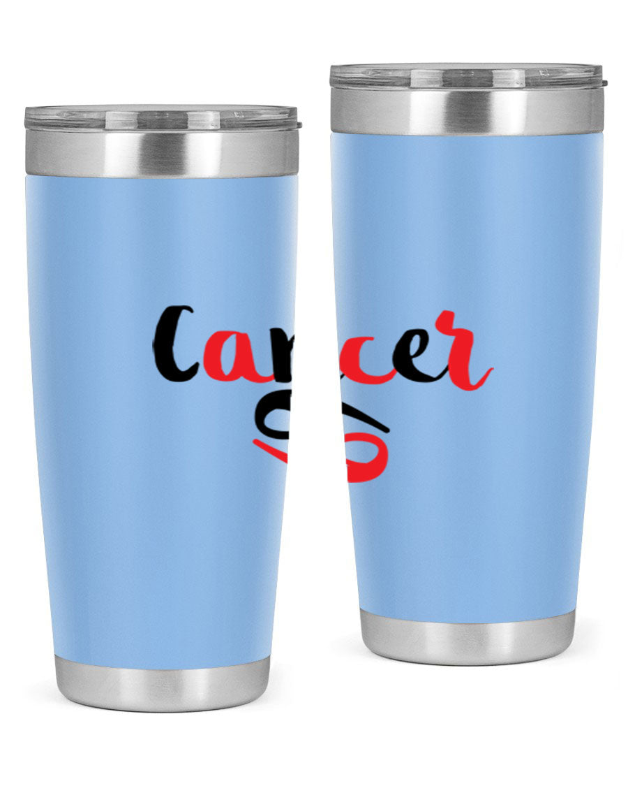 Cancer 152# Tumbler in stainless steel with a vibrant zodiac design, showcasing its double wall vacuum insulation and drink-thru lid.