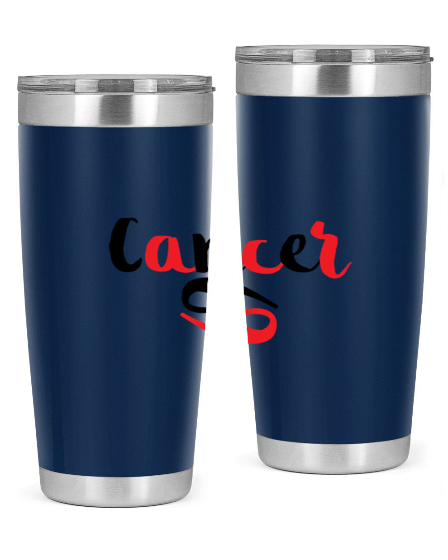 Cancer 152# Tumbler in stainless steel with a vibrant zodiac design, showcasing its double wall vacuum insulation and drink-thru lid.