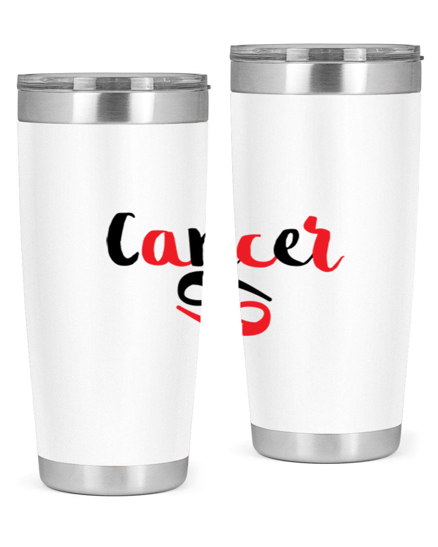 Cancer 152# Tumbler in stainless steel with a vibrant zodiac design, showcasing its double wall vacuum insulation and drink-thru lid.