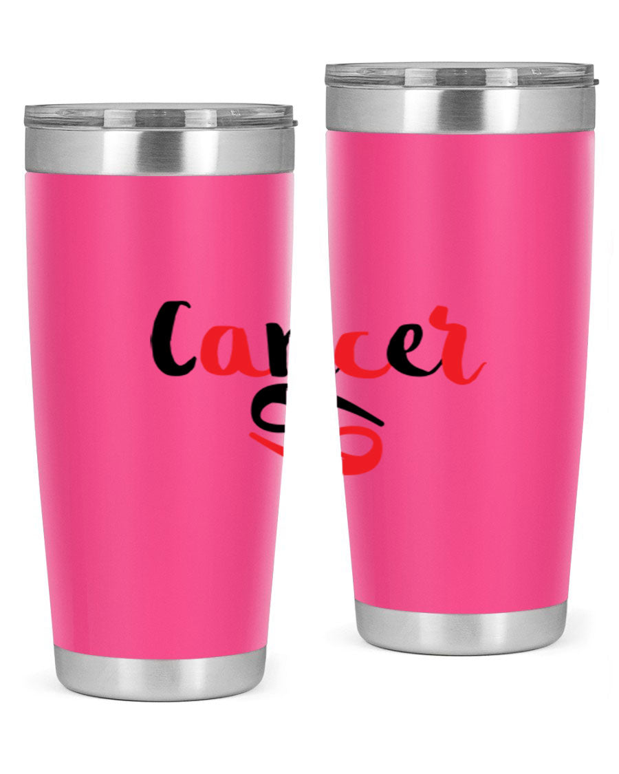 Cancer 152# Tumbler in stainless steel with a vibrant zodiac design, showcasing its double wall vacuum insulation and drink-thru lid.