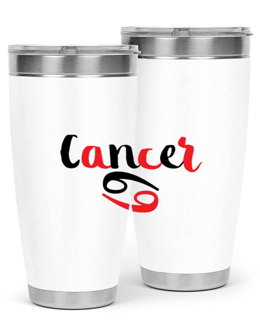 Cancer 152# Tumbler in stainless steel with a vibrant zodiac design, showcasing its double wall vacuum insulation and drink-thru lid.