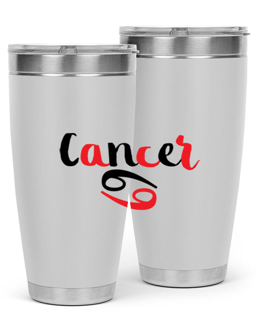 Cancer 152# Tumbler in stainless steel with a vibrant zodiac design, showcasing its double wall vacuum insulation and drink-thru lid.