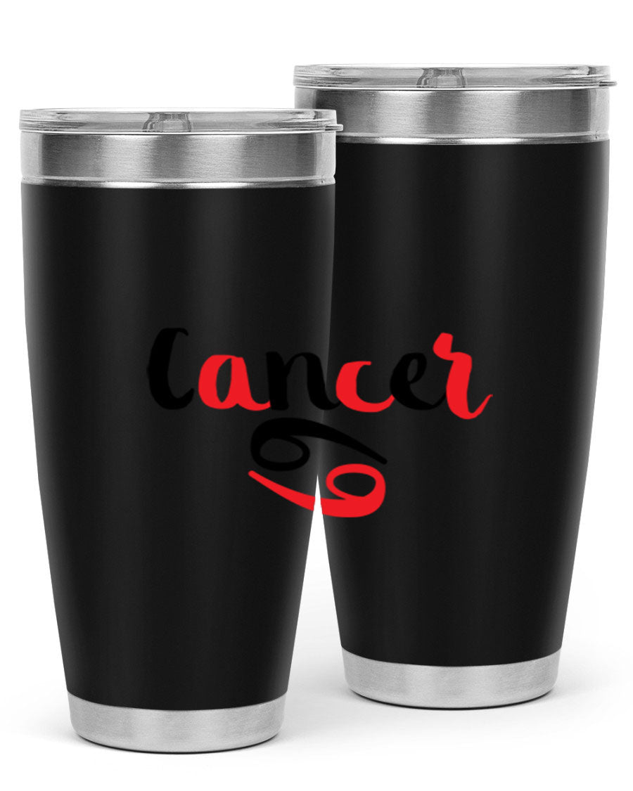 Cancer 152# Tumbler in stainless steel with a vibrant zodiac design, showcasing its double wall vacuum insulation and drink-thru lid.