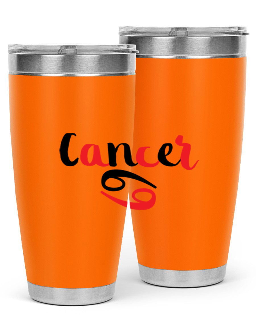 Cancer 152# Tumbler in stainless steel with a vibrant zodiac design, showcasing its double wall vacuum insulation and drink-thru lid.