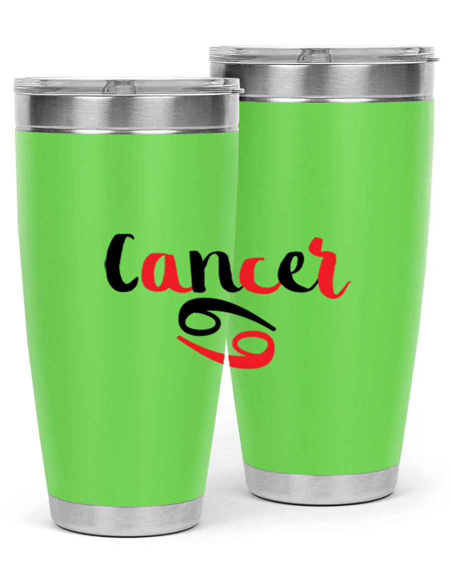 Cancer 152# Tumbler in stainless steel with a vibrant zodiac design, showcasing its double wall vacuum insulation and drink-thru lid.