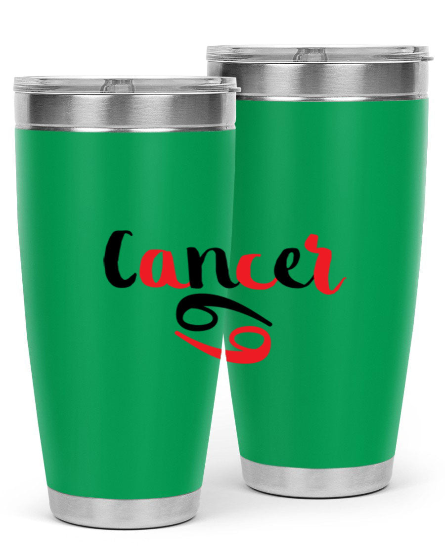 Cancer 152# Tumbler in stainless steel with a vibrant zodiac design, showcasing its double wall vacuum insulation and drink-thru lid.