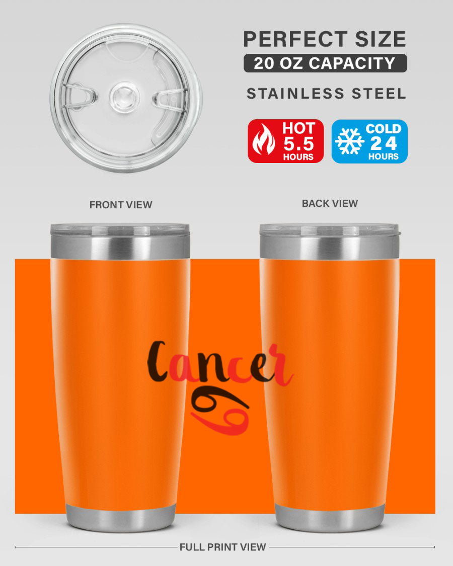 Cancer 152# Tumbler in stainless steel with a vibrant zodiac design, showcasing its double wall vacuum insulation and drink-thru lid.