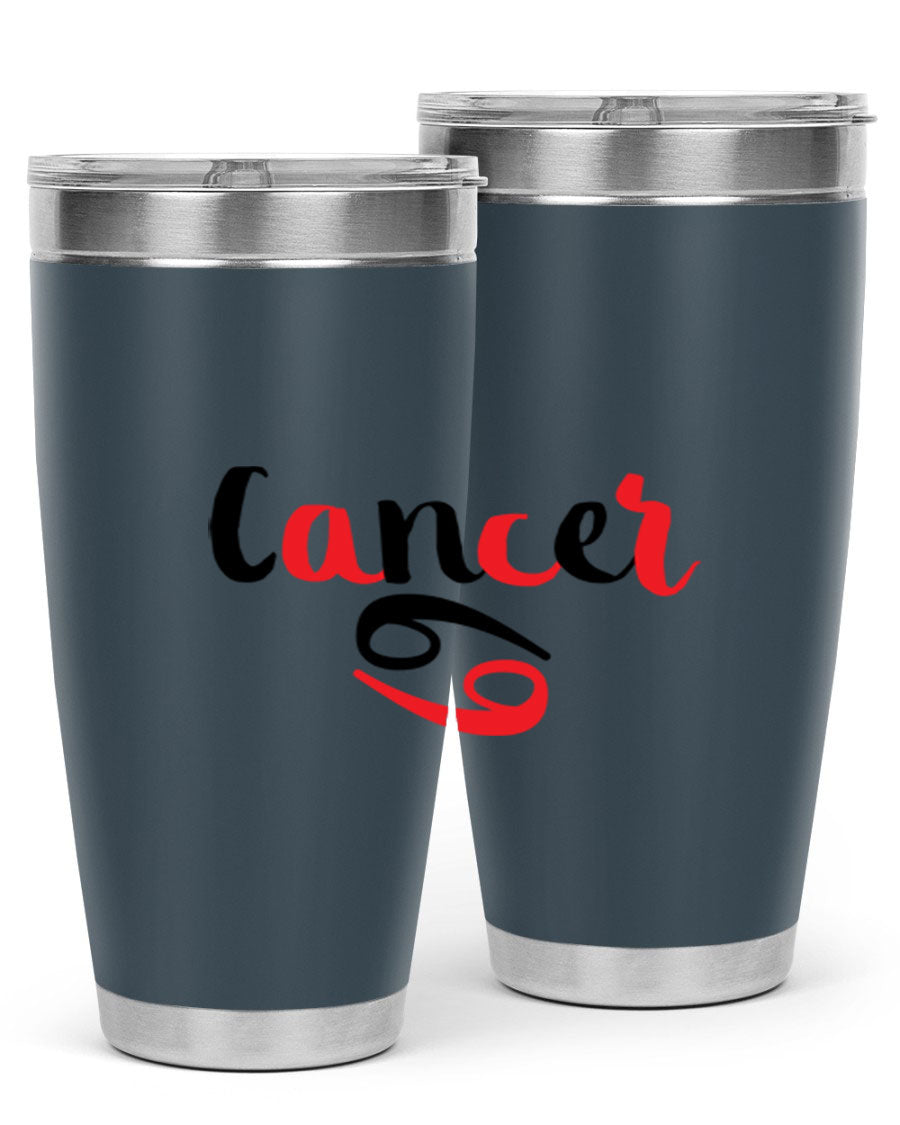 Cancer 152# Tumbler in stainless steel with a vibrant zodiac design, showcasing its double wall vacuum insulation and drink-thru lid.