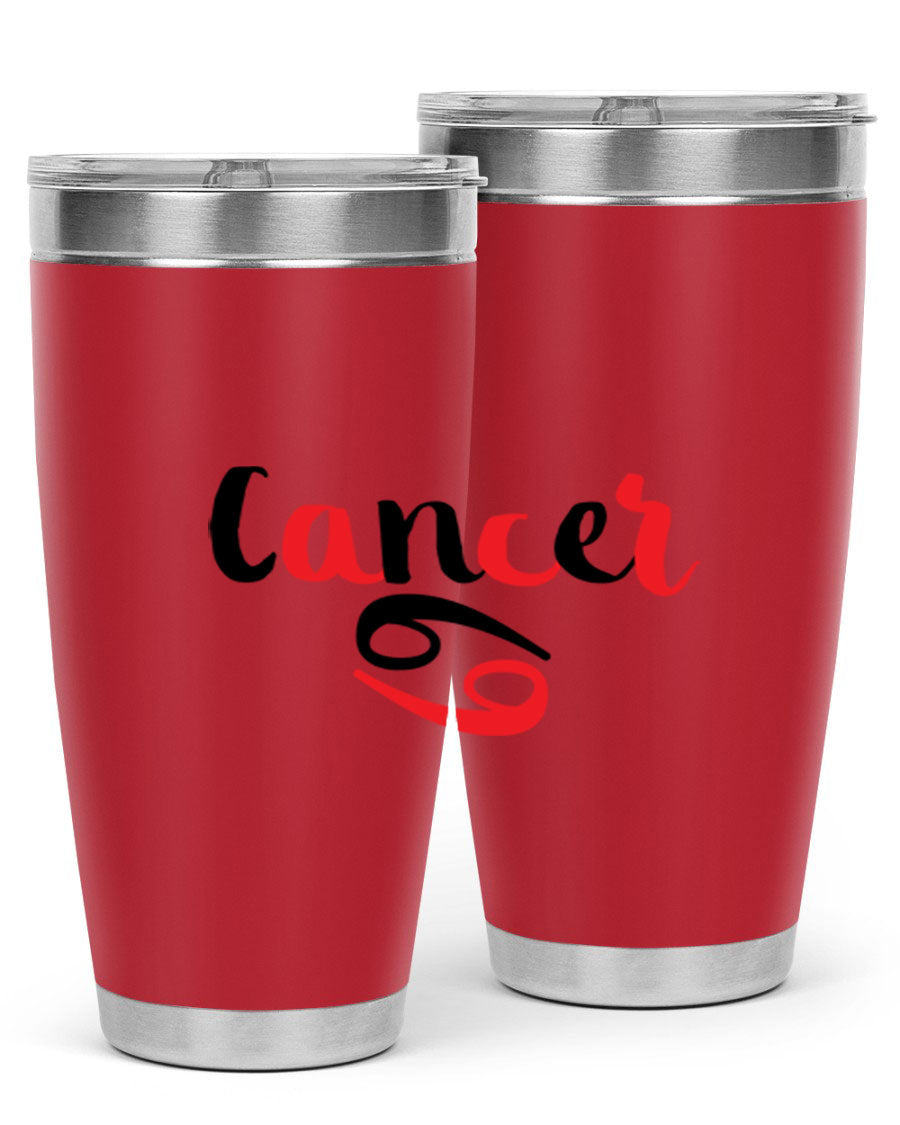 Cancer 152# Tumbler in stainless steel with a vibrant zodiac design, showcasing its double wall vacuum insulation and drink-thru lid.