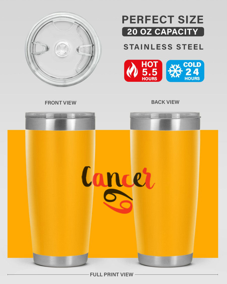 Cancer 152# Tumbler in stainless steel with a vibrant zodiac design, showcasing its double wall vacuum insulation and drink-thru lid.