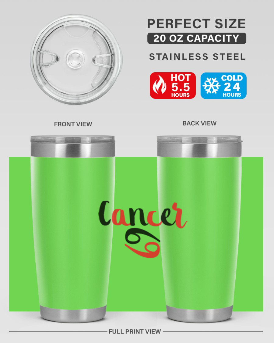 Cancer 152# Tumbler in stainless steel with a vibrant zodiac design, showcasing its double wall vacuum insulation and drink-thru lid.