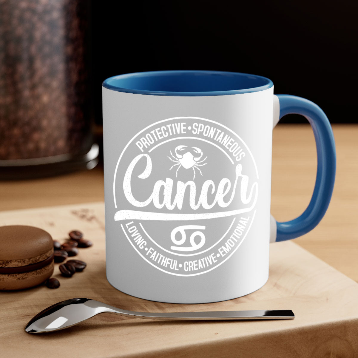 Cancer 154# Zodiac Mug with colored handle and glossy finish, available in multiple colors and sizes.