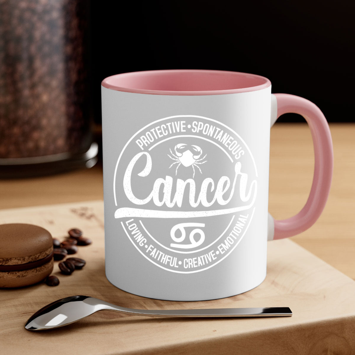 Cancer 154# Zodiac Mug with colored handle and glossy finish, available in multiple colors and sizes.