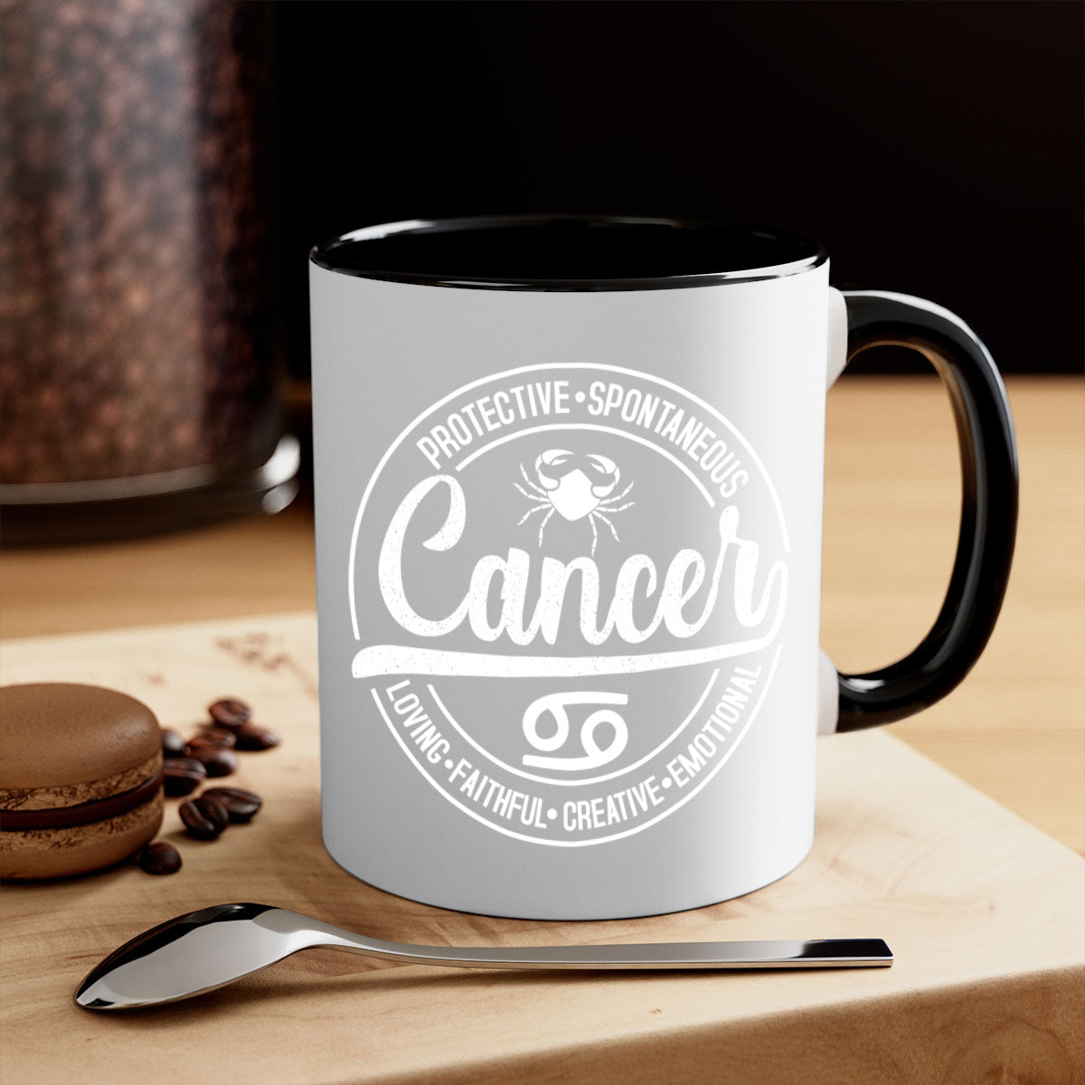 Cancer 154# Zodiac Mug with colored handle and glossy finish, available in multiple colors and sizes.