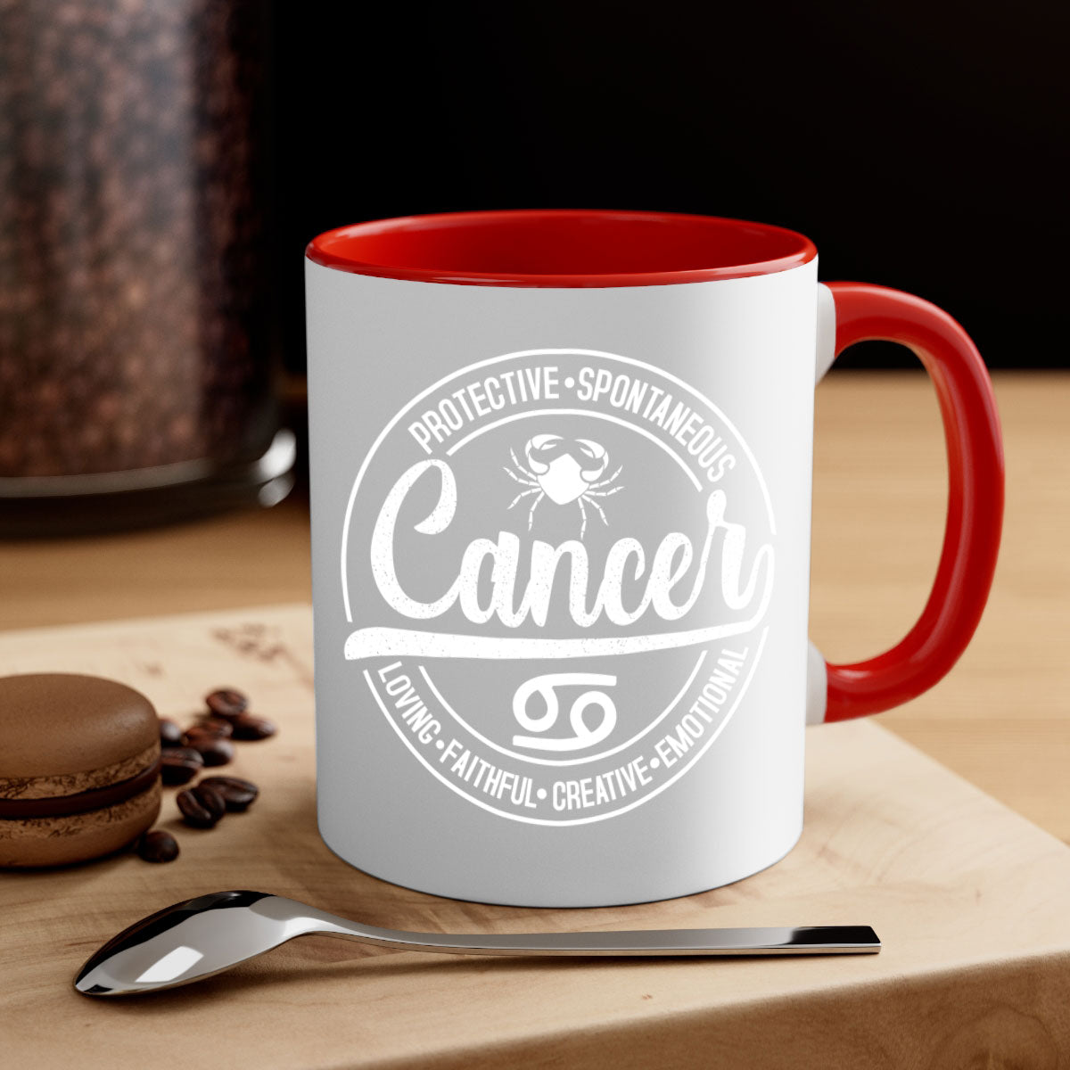 Cancer 154# Zodiac Mug with colored handle and glossy finish, available in multiple colors and sizes.