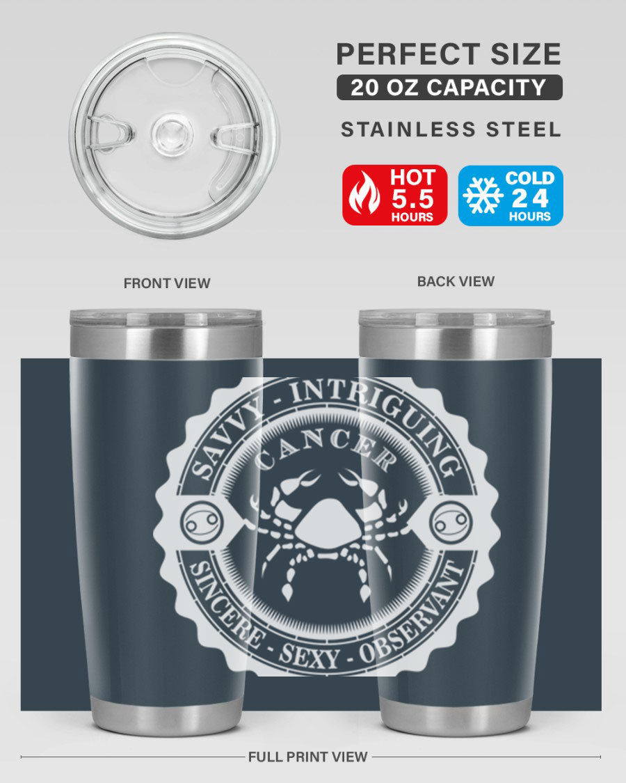 Cancer 16# Zodiac Tumbler in stainless steel with a vibrant zodiac design, perfect for hot and cold beverages.