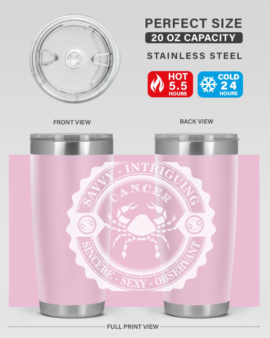 Cancer 16# Zodiac Tumbler in stainless steel with a vibrant zodiac design, perfect for hot and cold beverages.