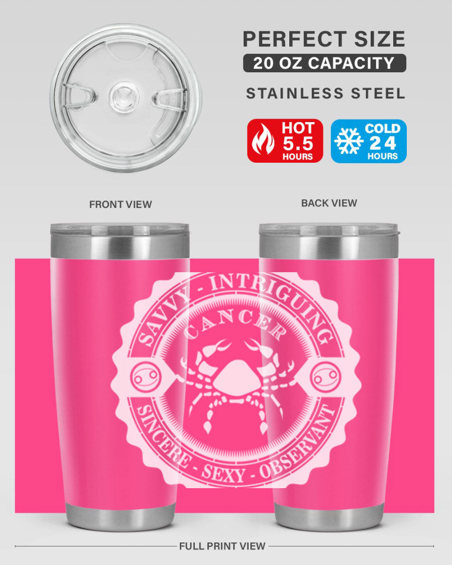 Cancer 16# Zodiac Tumbler in stainless steel with a vibrant zodiac design, perfect for hot and cold beverages.