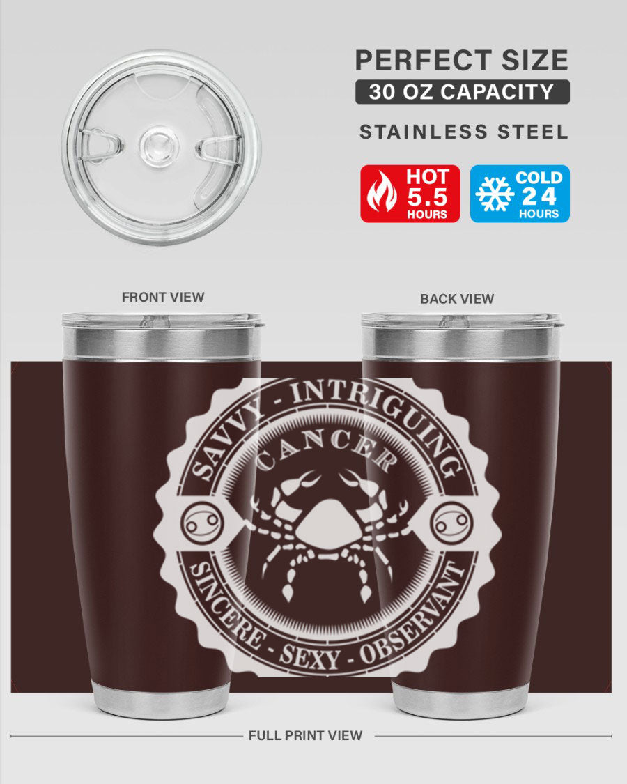 Cancer 16# Zodiac Tumbler in stainless steel with a vibrant zodiac design, perfect for hot and cold beverages.