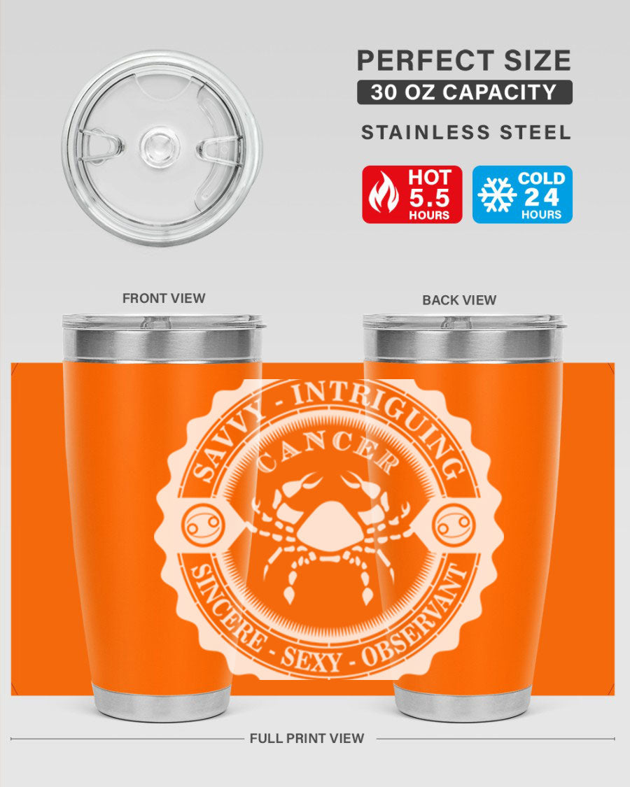 Cancer 16# Zodiac Tumbler in stainless steel with a vibrant zodiac design, perfect for hot and cold beverages.