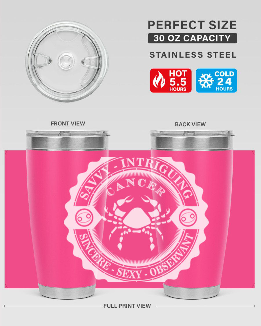 Cancer 16# Zodiac Tumbler in stainless steel with a vibrant zodiac design, perfect for hot and cold beverages.