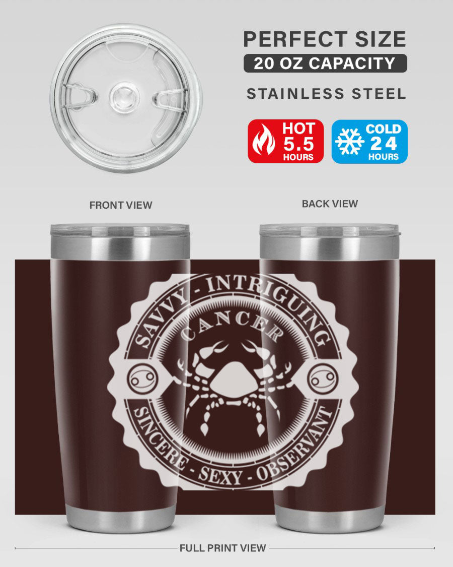 Cancer 16# Zodiac Tumbler in stainless steel with a vibrant zodiac design, perfect for hot and cold beverages.