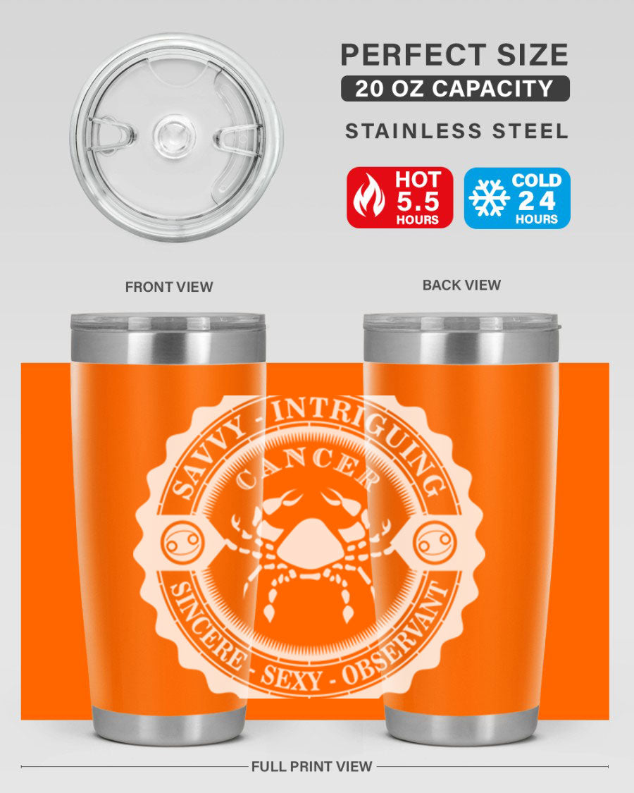 Cancer 16# Zodiac Tumbler in stainless steel with a vibrant zodiac design, perfect for hot and cold beverages.