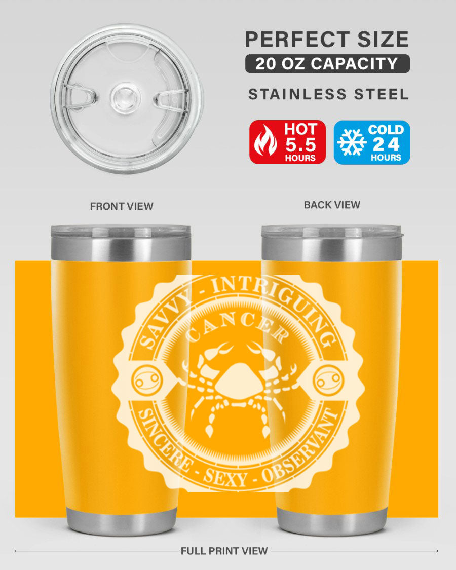 Cancer 16# Zodiac Tumbler in stainless steel with a vibrant zodiac design, perfect for hot and cold beverages.