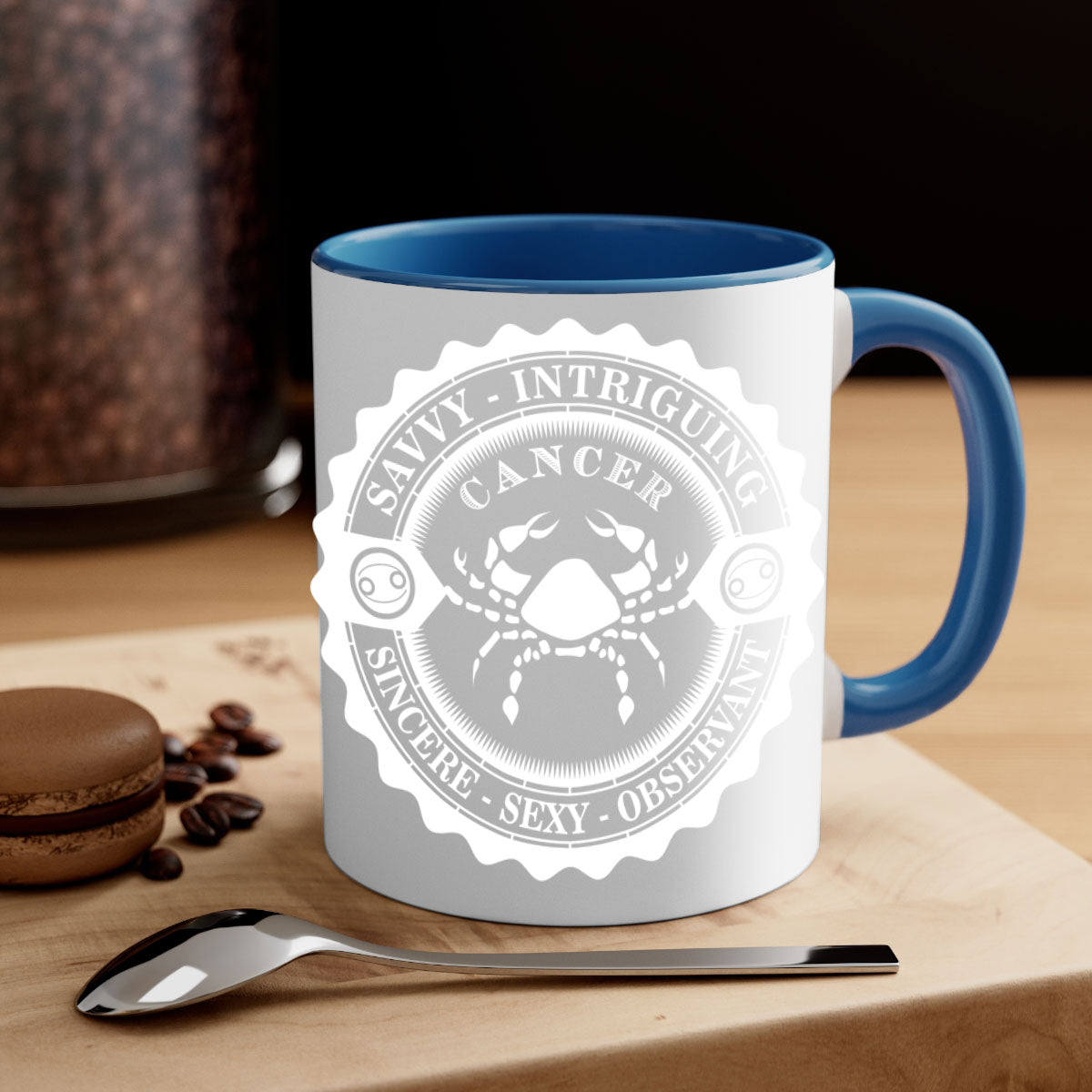 Cancer 16# Zodiac Mug with colored handle and glossy finish, available in multiple colors and sizes.