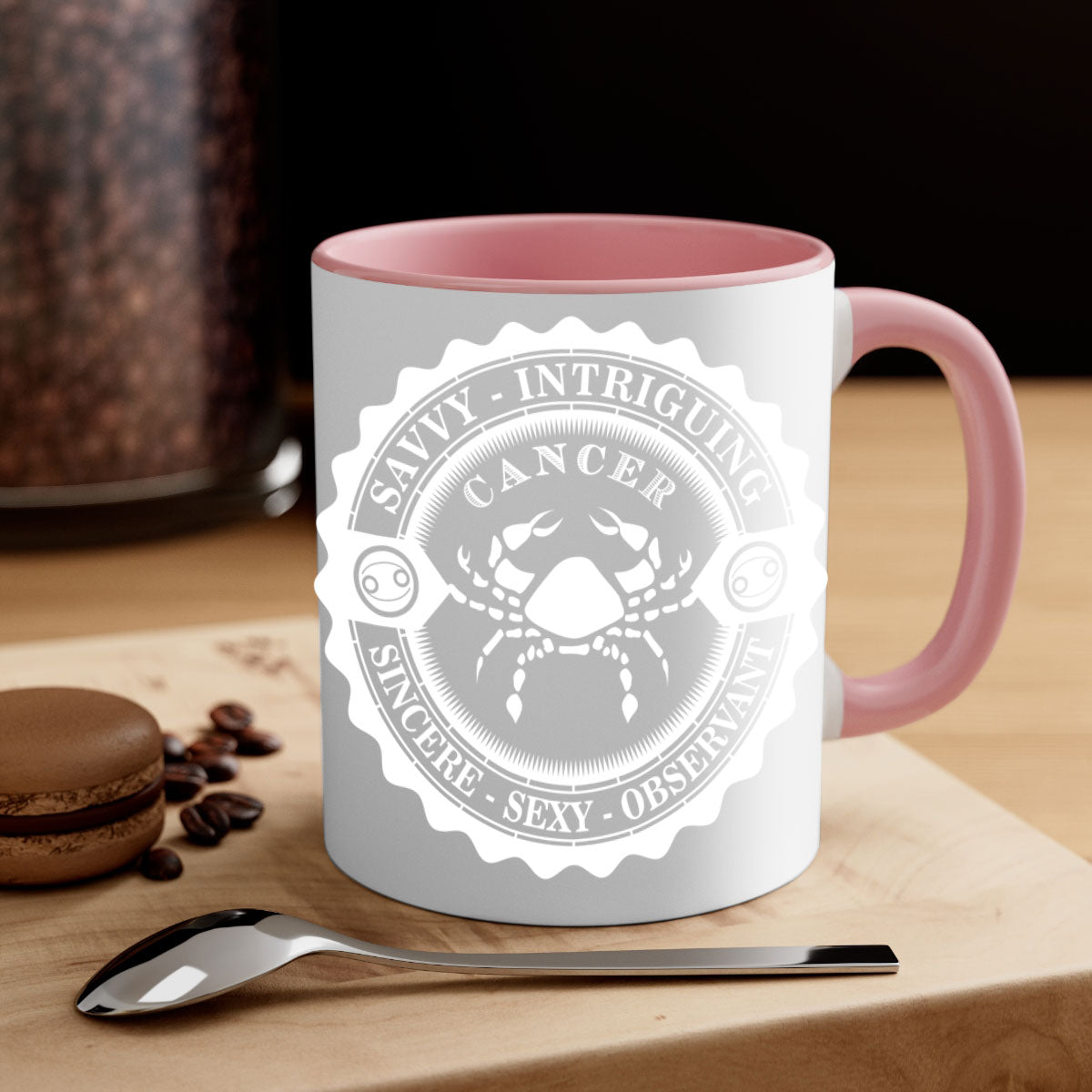 Cancer 16# Zodiac Mug with colored handle and glossy finish, available in multiple colors and sizes.