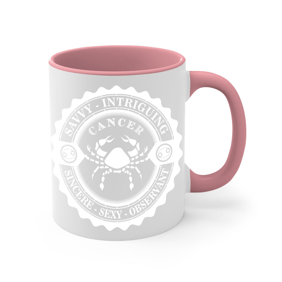 Cancer 16# Zodiac Mug with colored handle and glossy finish, available in multiple colors and sizes.