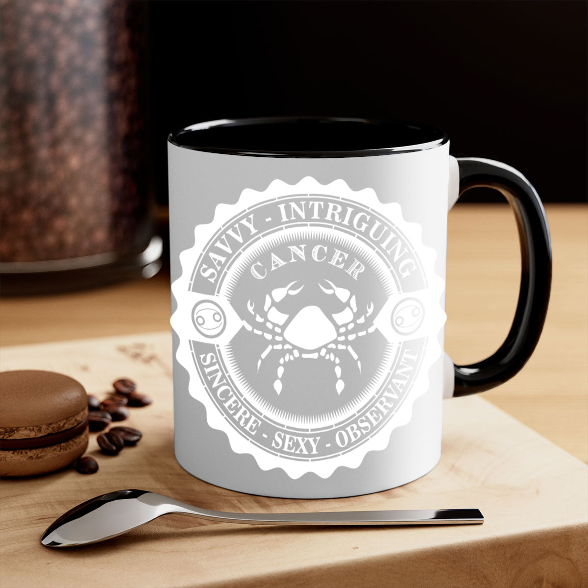 Cancer 16# Zodiac Mug with colored handle and glossy finish, available in multiple colors and sizes.