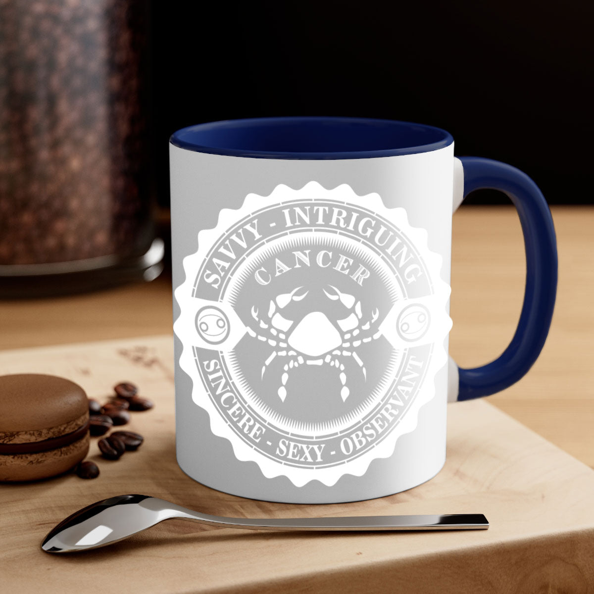 Cancer 16# Zodiac Mug with colored handle and glossy finish, available in multiple colors and sizes.