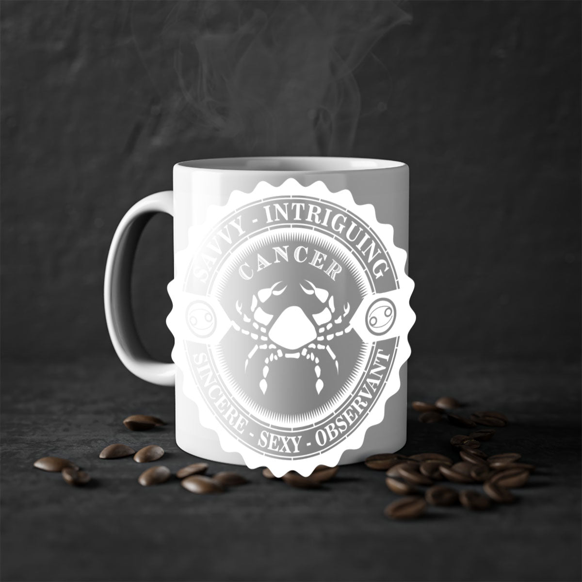 Cancer 16# Zodiac Mug with colored handle and glossy finish, available in multiple colors and sizes.