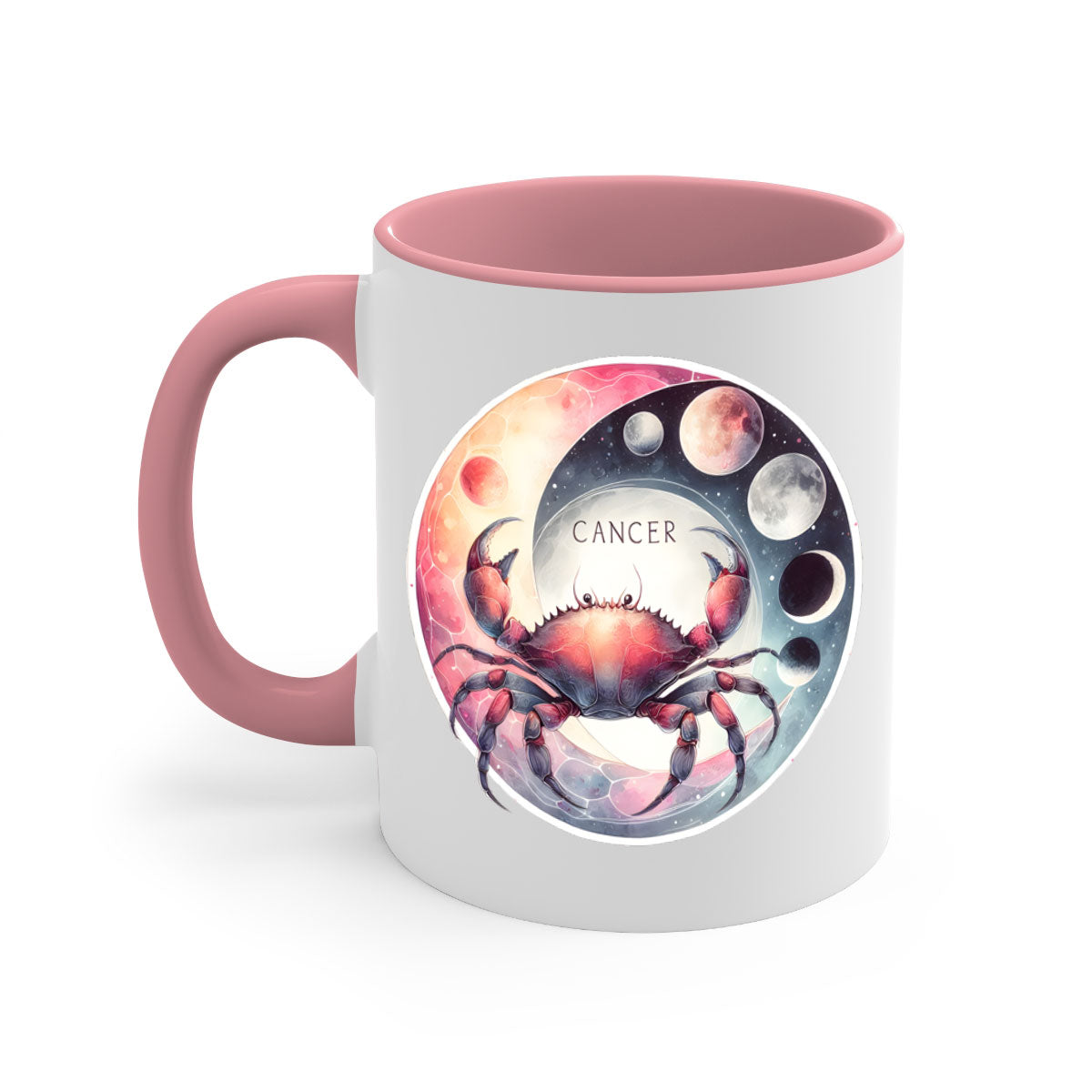 Cancer 166# Zodiac Mug with a glossy finish, featuring a colored handle and interior, available in multiple colors and sizes.