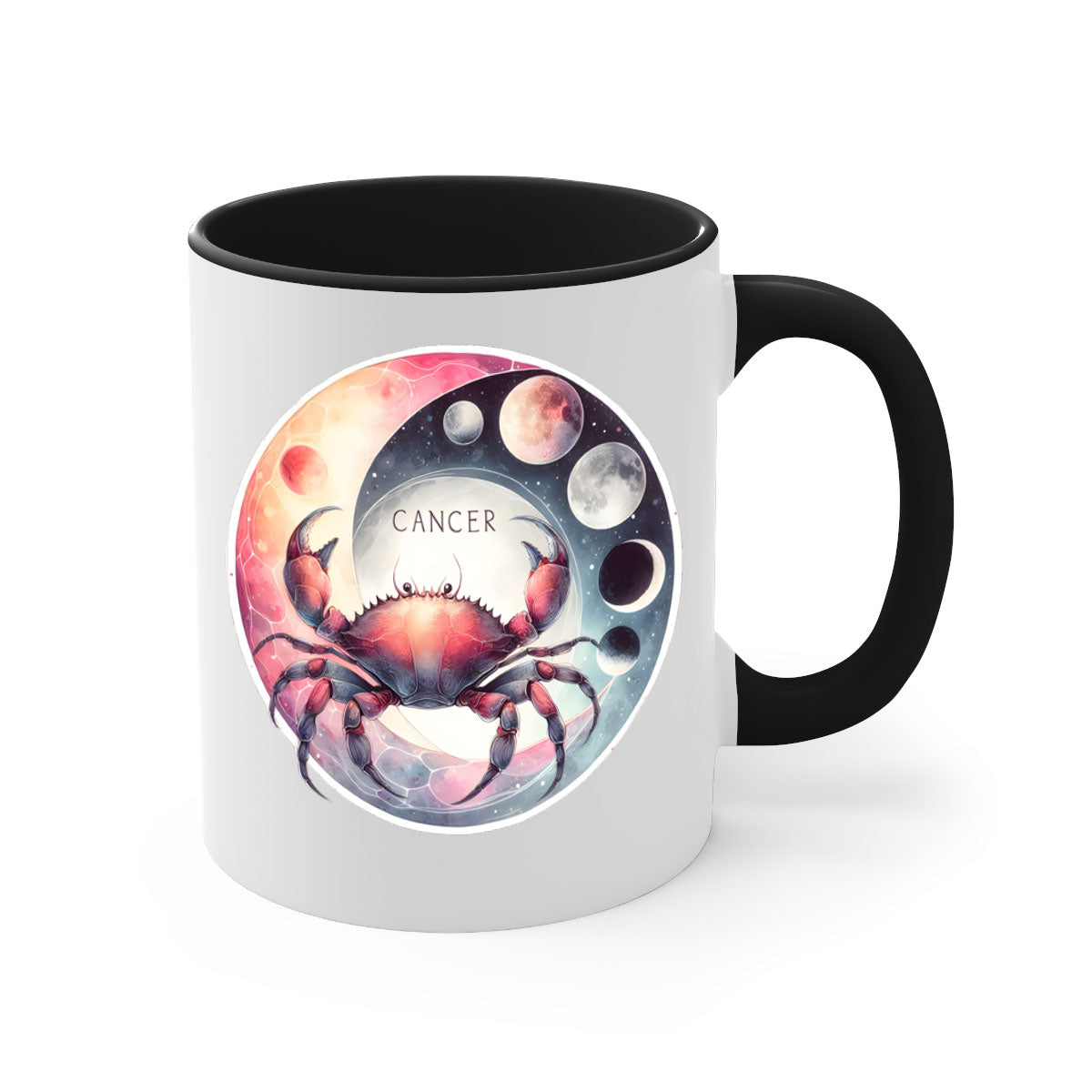 Cancer 166# Zodiac Mug with a glossy finish, featuring a colored handle and interior, available in multiple colors and sizes.