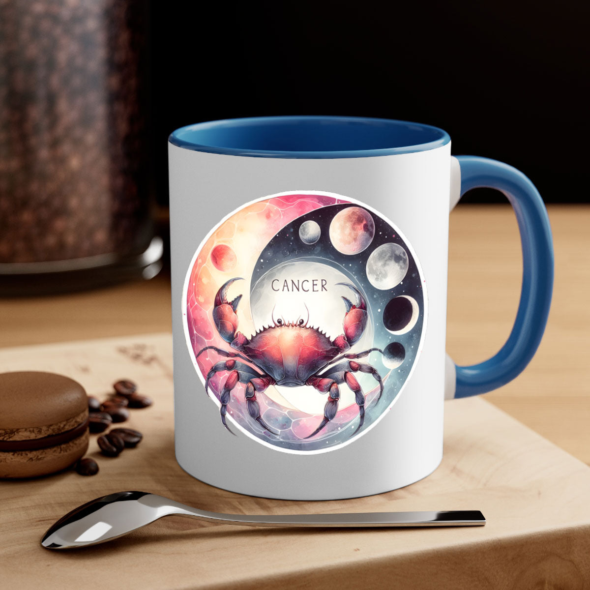 Cancer 166# Zodiac Mug with a glossy finish, featuring a colored handle and interior, available in multiple colors and sizes.