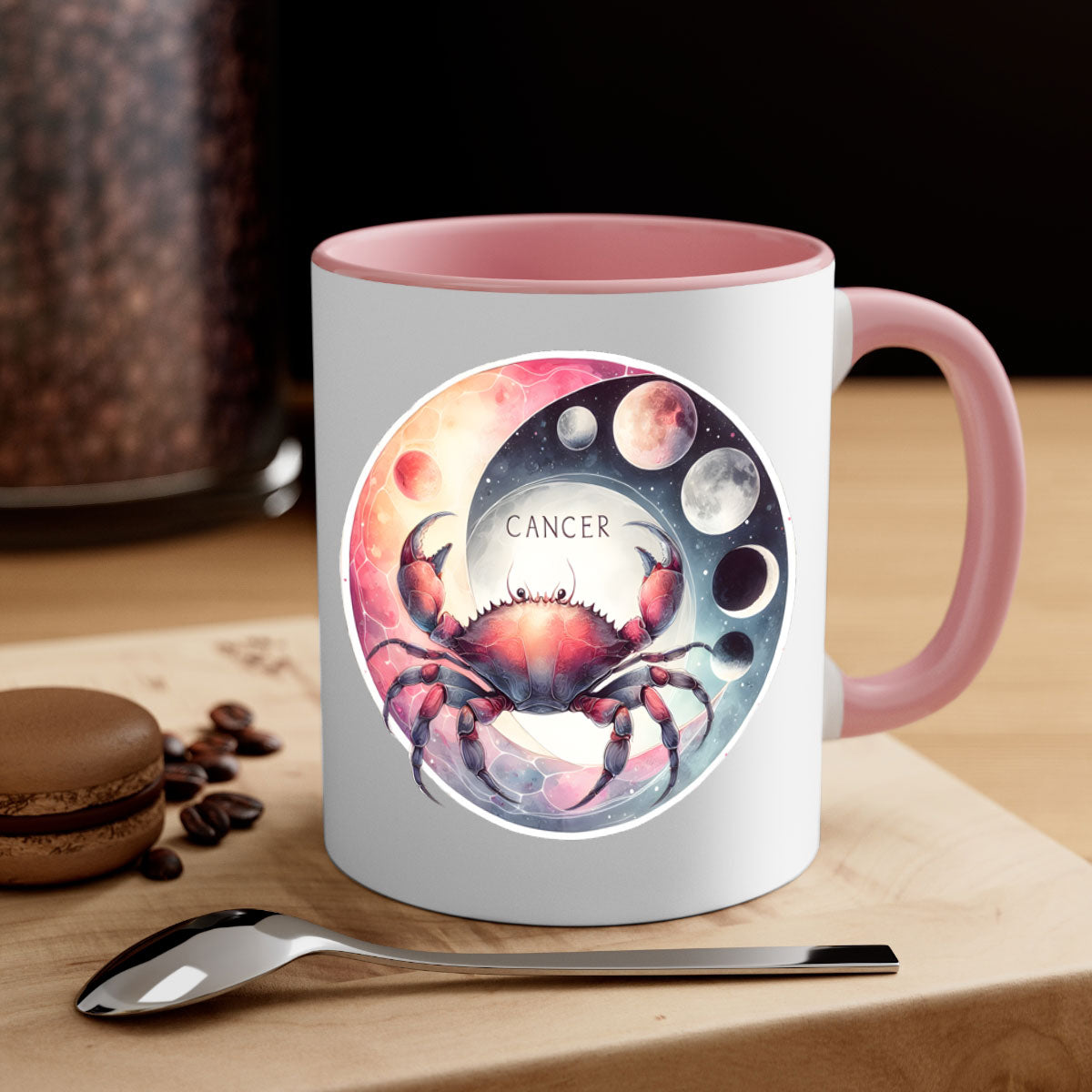 Cancer 166# Zodiac Mug with a glossy finish, featuring a colored handle and interior, available in multiple colors and sizes.