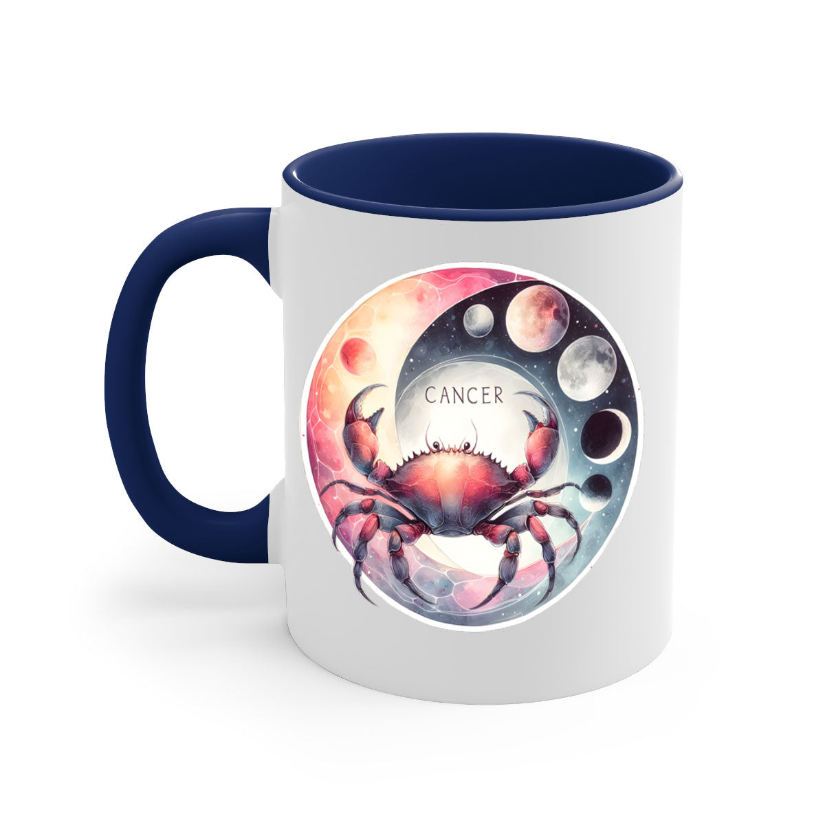 Cancer 166# Zodiac Mug with a glossy finish, featuring a colored handle and interior, available in multiple colors and sizes.