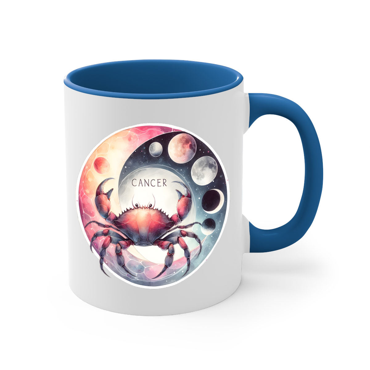 Cancer 166# Zodiac Mug with a glossy finish, featuring a colored handle and interior, available in multiple colors and sizes.