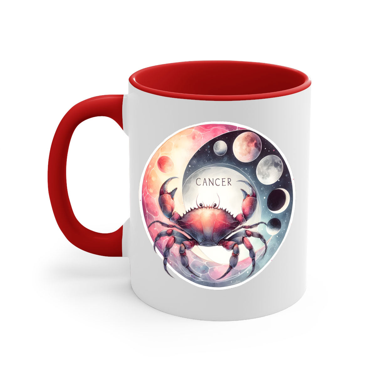 Cancer 166# Zodiac Mug with a glossy finish, featuring a colored handle and interior, available in multiple colors and sizes.