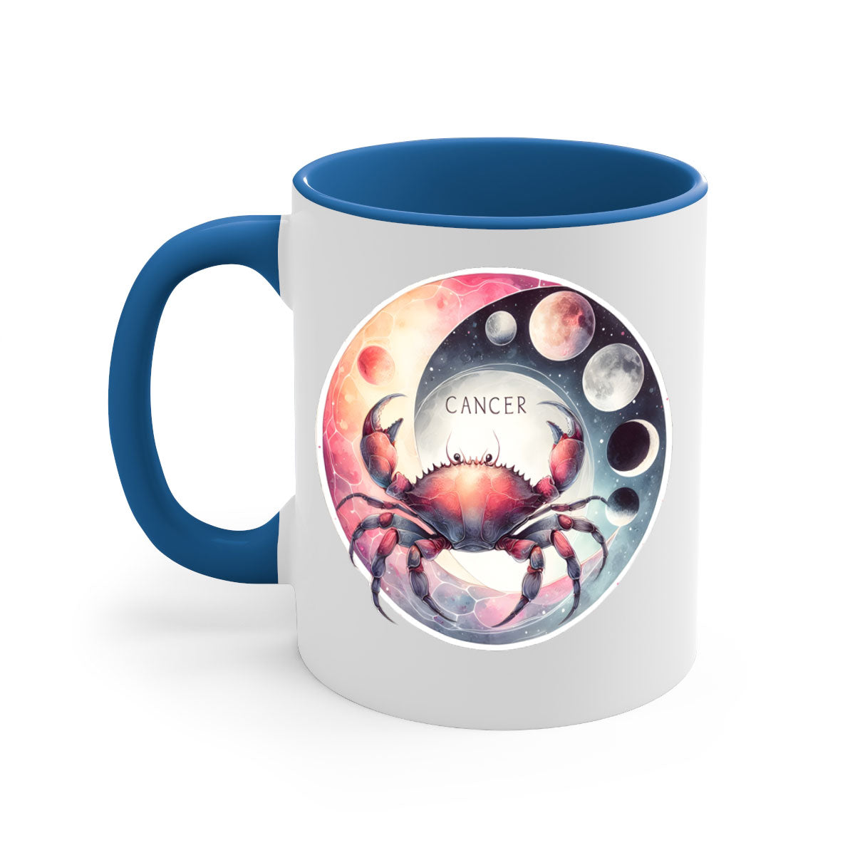 Cancer 166# Zodiac Mug with a glossy finish, featuring a colored handle and interior, available in multiple colors and sizes.