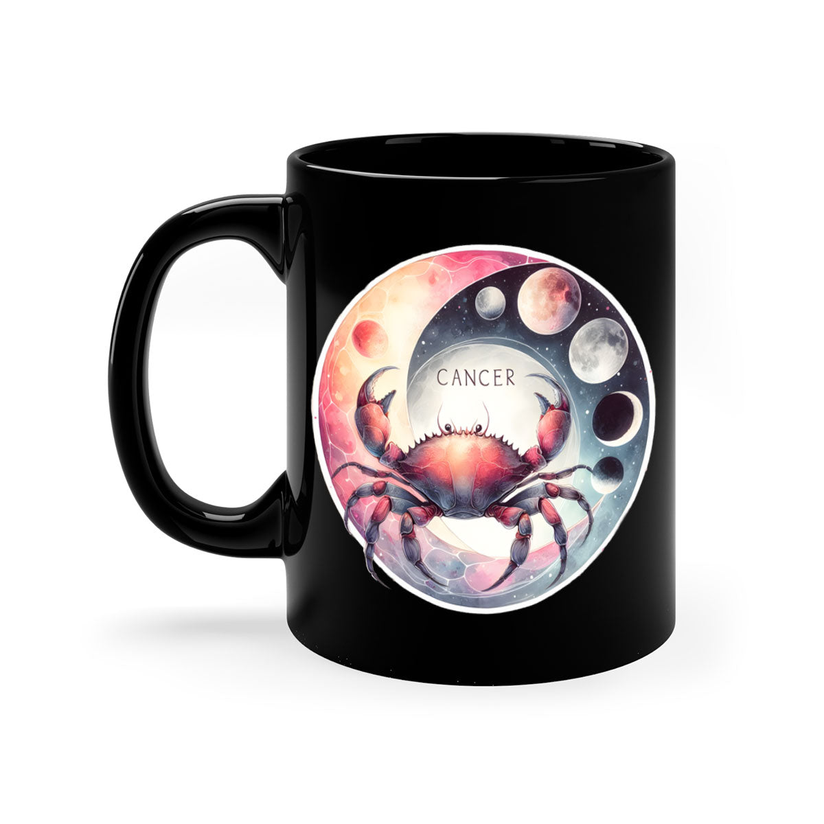 Cancer 166# Zodiac Mug with a glossy finish, featuring a colored handle and interior, available in multiple colors and sizes.