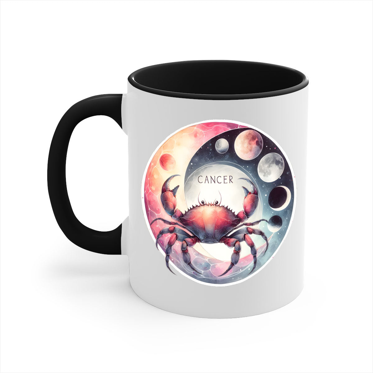 Cancer 166# Zodiac Mug with a glossy finish, featuring a colored handle and interior, available in multiple colors and sizes.