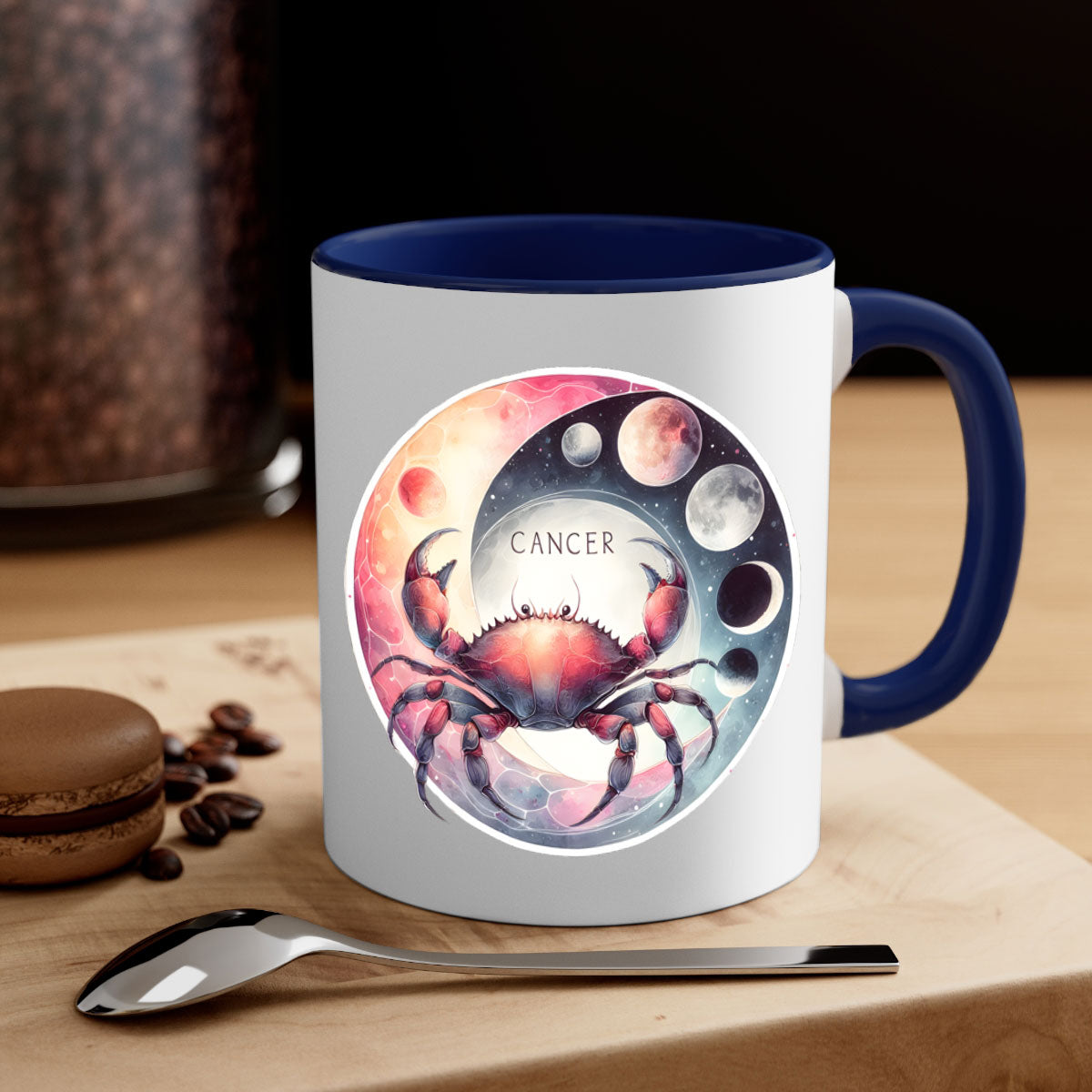 Cancer 166# Zodiac Mug with a glossy finish, featuring a colored handle and interior, available in multiple colors and sizes.