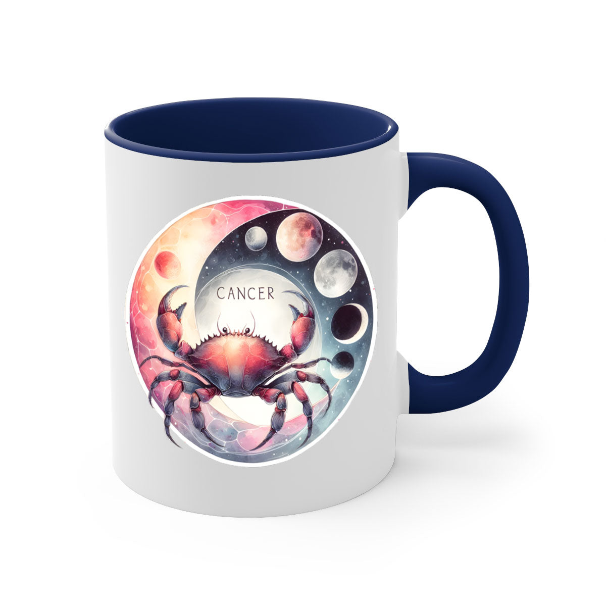 Cancer 166# Zodiac Mug with a glossy finish, featuring a colored handle and interior, available in multiple colors and sizes.