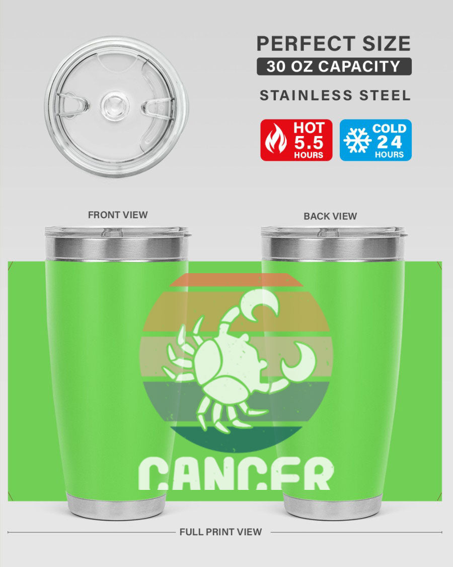 Cancer 165# Zodiac Tumbler in stainless steel with a zodiac design, featuring a drink-thru lid and double wall vacuum insulation.